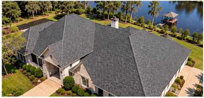 The image shows a large, multi-gabled residential roof covered in dark architectural or laminated asphalt shingles, such as GAF Timberline HDZ in Charcoal or Camelot