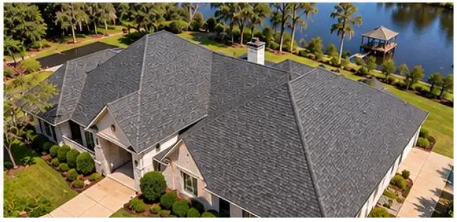 The image shows a large residential home featuring dark architectural asphalt shingles, commonly installed by various roofing companies