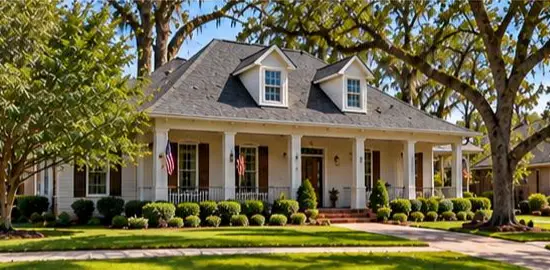 The image shows a classic single-story Southern Acadian-style house with a wide front porch, white columns, dual front dormer windows, and manicured shrubbery