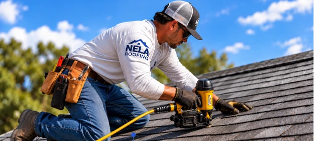 The image shows a roofer using a pneumatic nail gun to install asphalt shingles on a sloped residential roof.